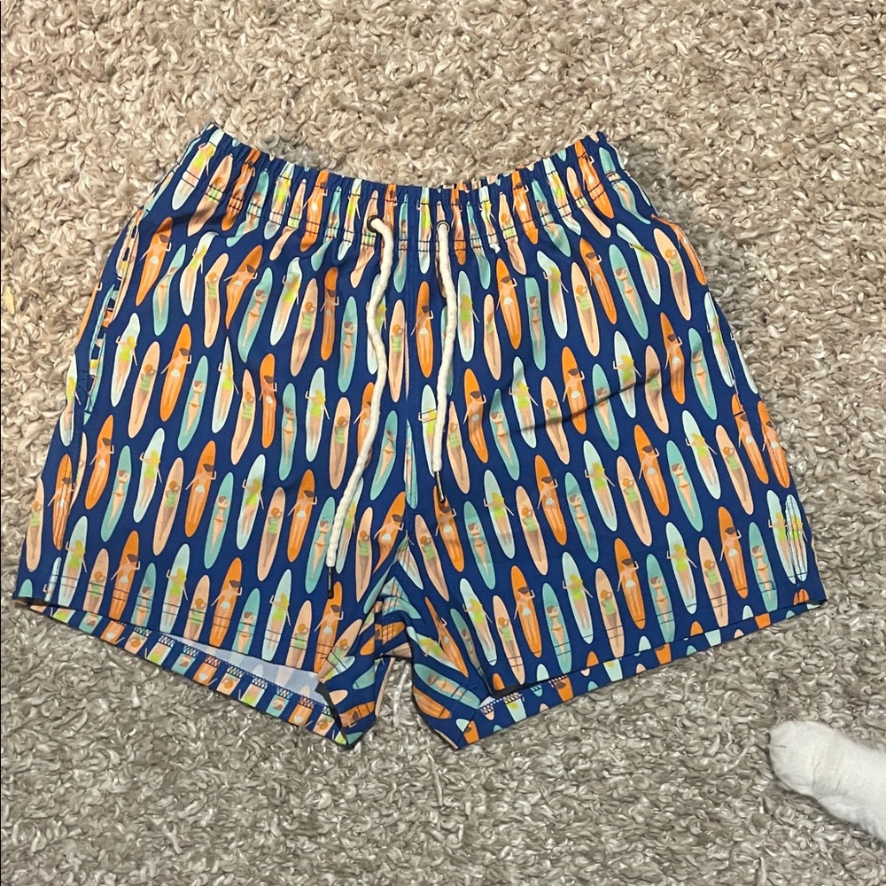 Blue Surfboard Print Swim Trunks